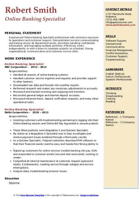 electronic banking specialist job description.